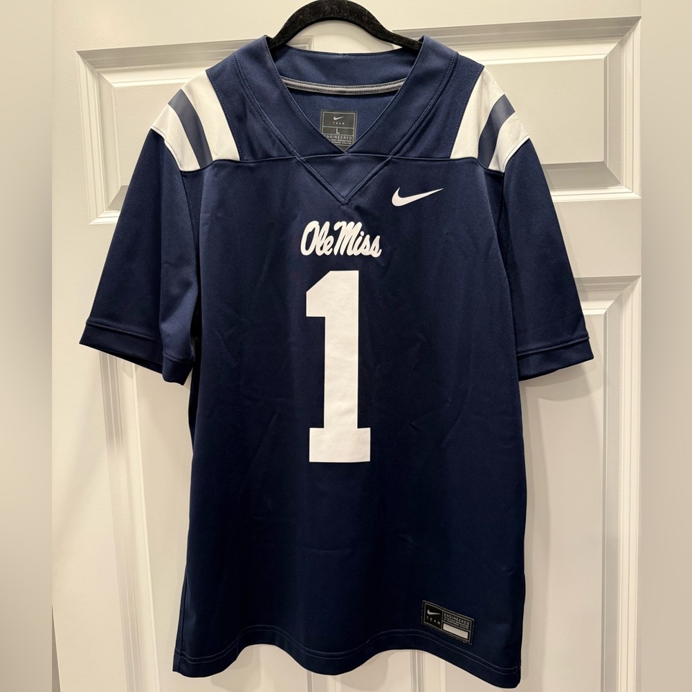 Hotty Toddy! Nike Ole Miss Navy and White Jersey, Men’s Large